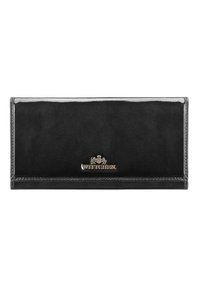 Portefeuille en cuir noir avec une finition brillante, comportant un accent en logo doré, une forme rectangulaire épurée et des détails de couture sur la couture supérieure.