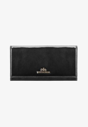 Black leather wallet with a glossy finish, featuring a gold logo accent, sleek rectangular shape, and top seam stitching detail.