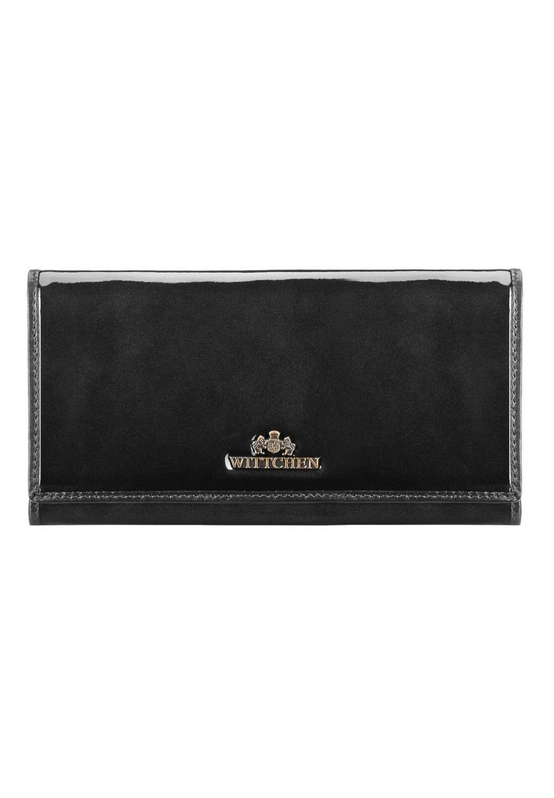 Portefeuille en cuir noir avec une finition brillante, comportant un accent en logo doré, une forme rectangulaire épurée et des détails de couture sur la couture supérieure.
