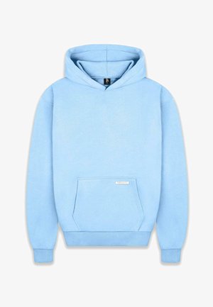 Light blue hoodie made of soft fabric, featuring a front pocket, ribbed cuffs, and a drawstring hood. Minimal branding on the pocket.