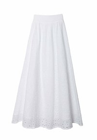 Falda midi blanca de algodón con una cinturilla fruncida, que presenta patrones de bordado de ojales y una silueta fluida y acampanada.