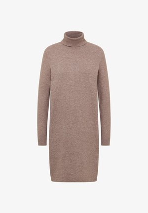 Abito maglione a collo alto marrone, maniche lunghe, texture morbida, tessuto lavorato a maglia, vestibilità rilassata, arriva sopra il ginocchio, design minimale, senza motivi.