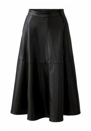 Schwarzer Kunstleder A-Linie Midi-Rock mit Nahtdetails und verdecktem Reißverschluss auf der Rückseite.