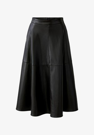 Schwarzer Kunstleder A-Linie Midi-Rock mit Nahtdetails und verdecktem Reißverschluss auf der Rückseite.