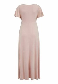 Robe rose clair longue jusqu'au sol avec manches courtes volantées et taille cintrée, vue de dos sur fond blanc.