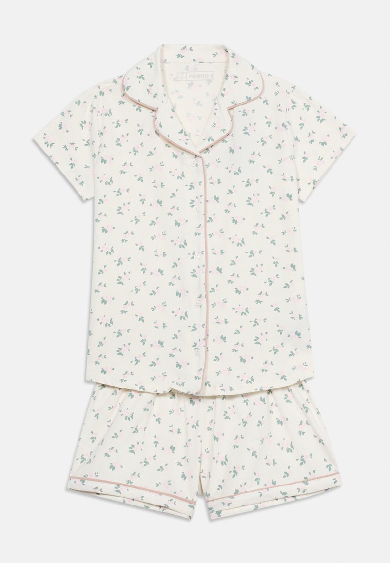 Haut de pyjama à manches courtes boutonné et short assorti avec imprimé floral vert et passepoil rose sur tissu crème.