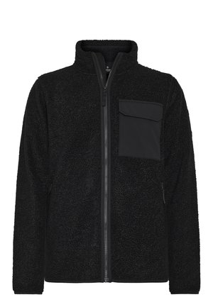 Schwarze Fleecejacke aus strukturiertem Stoff, mit hohem Kragen, durchgehendem Reißverschluss und einer Brusttasche auf der linken Seite. Schlichtes, unauffälliges Design. Weiche Haptik.