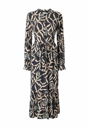 Tumedast merevaibaga pikkade varrukatega kleit, millel on beežid ja teal-rohelised botaanilised mustrid, ja mis on varustatud vööga ning volang-äärisega. Sile kangas.