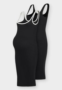 Μαύρα αμάνικα, ριμπ εγκυμοσύνης φορέματα, το ένα με λευκή διακόσμηση στο ντεκολτέ και τους ιμάντες, παρουσιασμένα σε απλό ανοιχτό γκρι φόντο.