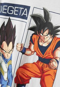 Deux combattants animés de sexe masculin en poses de bataille, l'un portant un costume orange et bleu avec des cheveux noirs en épis, l'autre en armure bleue avec de longs cheveux noirs.