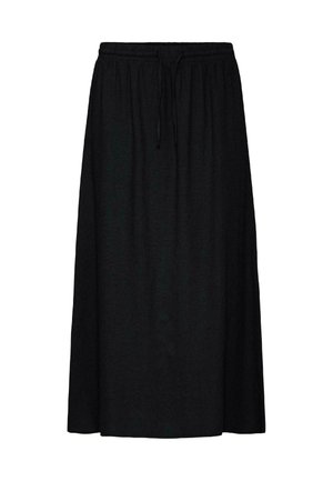 Jupe midi noire avec taille élastique et cordon de serrage, coupe droite et tissu doux.