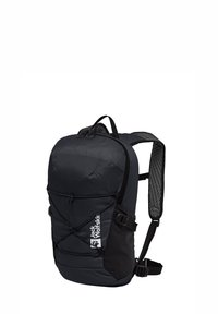 Schwarzer Nylon-Rucksack mit gepolsterten Mesh-Trägern, Front-Bungee-Kordel und Seitentasche. Verfügt über einen Logo-Druck und ein optimiertes Design.