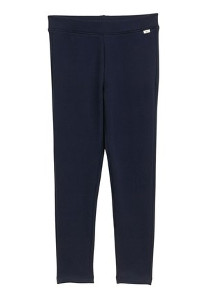 Marineblaue, schmal geschnittene Leggings mit einem elastischen Bund und einem kleinen Markierungslabel in der Nähe der Taille.