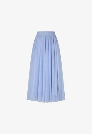 Vaaleansininen laskostettu midi-hame, jossa on elastinen vyötärö ja hienovaraisia kohokuvioituja brändimerkintöjä, sekä kerroksista koostuva läpikuultava kangas.