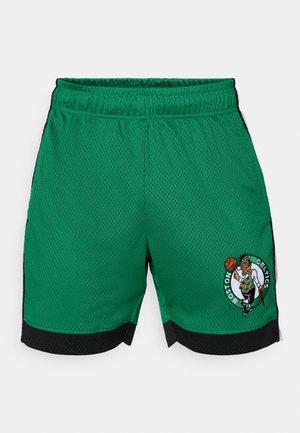 Green basketball shorts made of mesh fabric, featuring a black waistband, side panels, and an embroidered Boston Celtics logo.