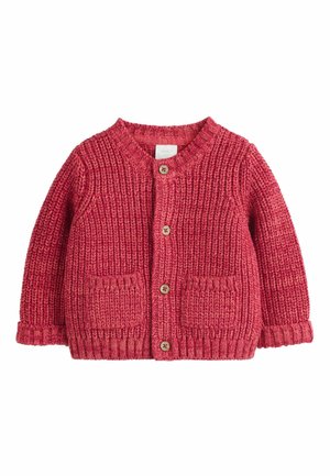 Chunky knit red toddler cardigan with long sleeves, front buttons, two front pockets, and ribbed cuffs and hem.