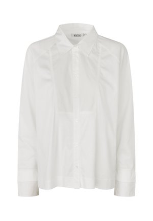 Witte overhemd met knopen, een kraag, lange mouwen en een ruime pasvorm. Heeft subtiele plooien aan de voorkant en een gladde katoenen textuur.