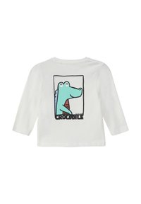 Witte katoenen T-shirt met lange mouwen, met een cartoonkrokodil in turquoise en zwart, met de tekst "CROCODILE" eronder.