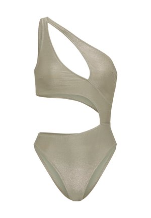 Maillot de bain une pièce métallique brillant en vert clair. Dispose d'un design asymétrique à une épaule avec des découpes et un bas à jambe haute. Texture lisse.