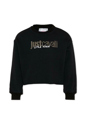 Zwarte cropped trui met lange mouwen, met gouden studs in de tekst "just cavalli" en witte tekst "LITTLE ROGUE" aan de voorkant.