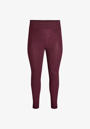 Burgundy stretch leggings with a smooth texture, featuring a wide waistband and slim fit. Subtle shimmer pattern across the fabric.