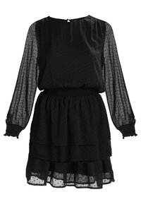 Zwarte jurk tot de knie met doorzichtige lange mouwen, stippenpatroon, elastische taille en gelaagde ruches rok.