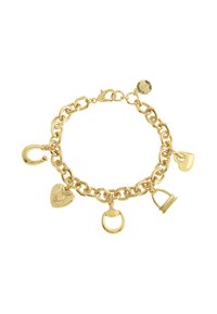 Goldene Kettenarmband mit mehreren Charms, darunter ein Herz, ein Schloss und ein Haken. Glatte Metalloberfläche und großes Glieddesign.