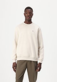 Lys beige genser med lange ermer, rund hals, ribbestrikkede mansjetter og kant. Liten logo detaljer på brystet. Båret med olivengrønne bukser.