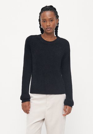 Sweater preto de malha com decote redondo, mangas compridas e punhos e bainha canelados. Textura suave, design simples e forma ajustada.