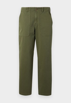 Rohelised sirgete säärega püksid ees põllutaskute, vööaasade, nööp-kinnituse ja küljetaskutega tavalise tausta peal.