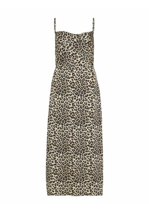 Leopardmønstret midi-kjole med tynde stropper, tætsiddende bodice og flydende nederdel i beige og sort, med en glat stofoverflade.