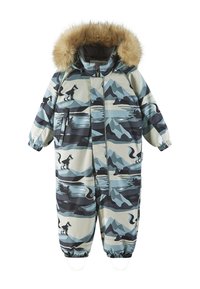 Padded kombinezon w jasnoniebieski i szary wzór górski z czarnymi sylwetkami zwierząt. Posiada kaptur wykończony sztucznym futrem oraz zamek błyskawiczny.