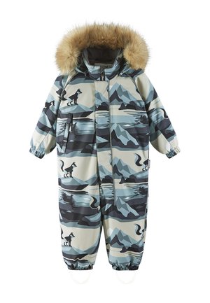Tuta imbottito in un motivo montano blu chiaro e grigio con silhouette nere di animali. Presenta un cappuccio bordato in pelliccia sintetica e chiusura con zip.