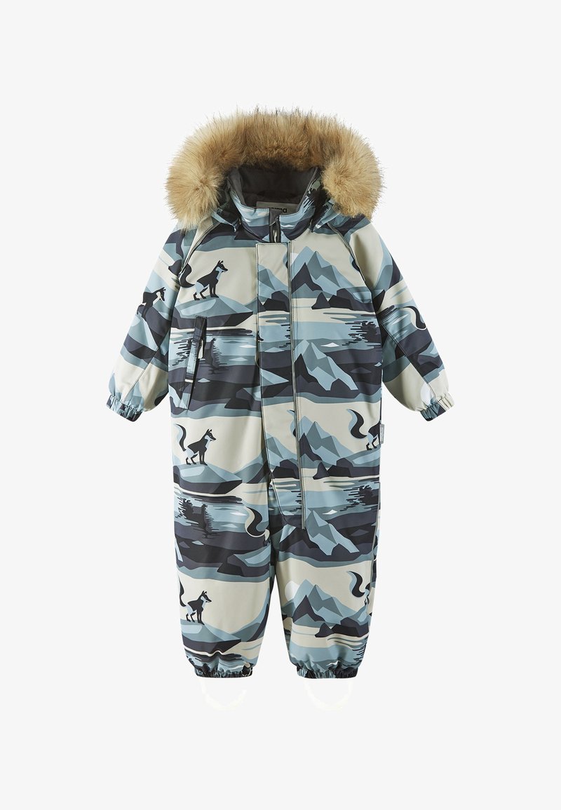 Padded jumpsuit in a light blue and grey mountain print with black animal silhouettes. Features a faux fur-trimmed hood and zip closure.