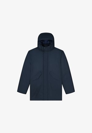 Jūras zila pufu jaka ar kapuci, ar priekšējo rāvējslēdzēju, divām slīpām priekšējām kabatām un gludu tekstūru.