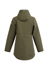 Chaqueta de lluvia verde oliva con capucha, corte recto, espalda completa y puños abotonados. Fabricada con material suave y resistente al agua.