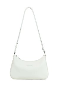 Borsa a tracolla in pelle bianca con forma curva, tracolla regolabile e chiusura con zip. Presenta un marchio discreto sul davanti.