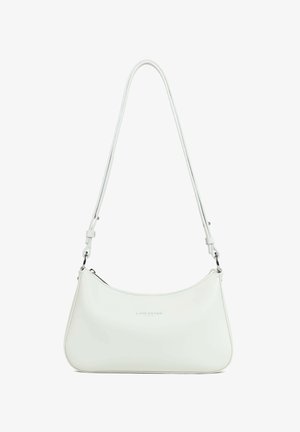 Borsa a tracolla in pelle bianca con forma curva, tracolla regolabile e chiusura con zip. Presenta un marchio discreto sul davanti.