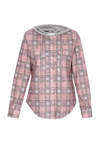 Camicia a quadri rosa con cappuccio grigio, caratterizzata da maniche lunghe, bottoni e una texture morbida. Motivo a check ben evidente.