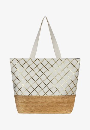 Weiße Tragetasche mit einem goldenen Diamantmuster, akzentuiert durch einen gewobenen Boden aus natürlichem Material. Sie verfügt über zwei robuste Tragegriffe aus Baumwolle. Mit Reißverschluss.