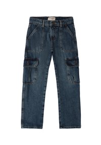 Pantalones cargo de mezclilla azul oscuro con un corte recto, bolsillos frontales y dos bolsillos laterales con cierres de botón. Detalles de costura en toda la prenda.