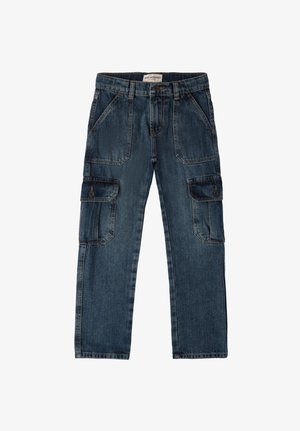 Pantalones cargo de mezclilla azul oscuro con un corte recto, bolsillos frontales y dos bolsillos laterales con cierres de botón. Detalles de costura en toda la prenda.