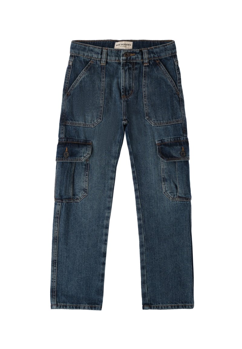 Pantalones cargo de mezclilla azul oscuro con un corte recto, bolsillos frontales y dos bolsillos laterales con cierres de botón. Detalles de costura en toda la prenda.