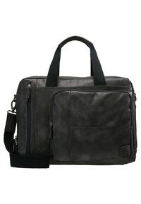 Schwarze Leder-Laptoptasche mit oberen Griffen, abnehmbarem Schultergurt, Vorderreißverschluss und strukturiertem Finish. Sie zeichnet sich durch eine schlanke, rechteckige Form aus.
