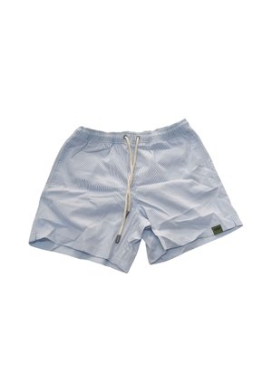 Costume da bagno da uomo azzurro chiaro con coulisse bianca e piccola etichetta verde sulla gamba sinistra, disteso su sfondo bianco.