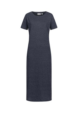 Tmavosivé šaty s krátkym rukávom z mäkkej látky, s okrúhlym výstrihom a rovnou siluetou po členky. Bez viditeľných vzorov.