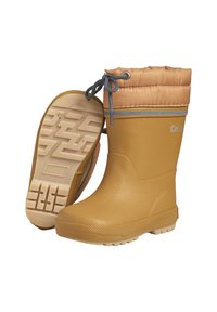 Bottes en caoutchouc imperméables jaunes avec un col rembourré beige, un cordon de serrage gris et des semelles texturées pour une meilleure adhérence. Conçues pour les conditions humides.