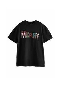 Čierne bavlnené tričko s výšivkou slova "MERRY" v pestrých písmenách. Kruhový výstrih a krátke rukávy, voľný strih.