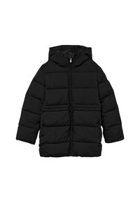 Crna podstavljena jakna s kapuljačom, zatvaranjem na patentni zatvarač, vodoravnim prošivanim dizajnom i detaljem s vezicama u struku.