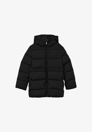 Melna pūtēja jaka ar kapuci, ar rāvējslēdzēja aizdari, horizontālu šūtu rakstu un aukliņu detaļu jostasvietā.